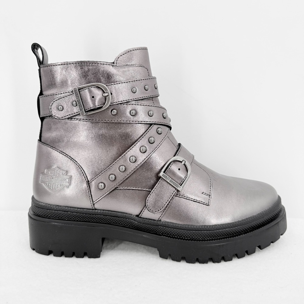 Harley-Davidson Carrigan Silver Leather Studded Combat Boots Women 8.5M NWOB